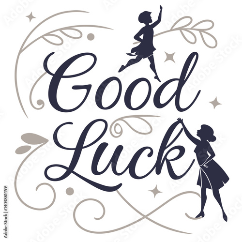 Good Luck Illustration Women Silhouettes Swirls Leaves Stars Decorative Art Print