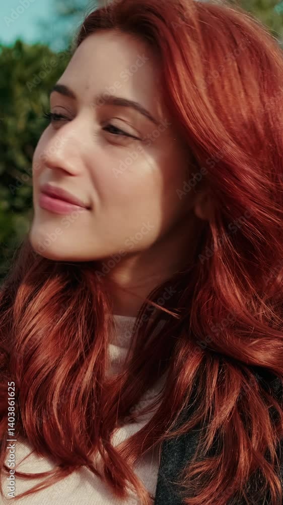 Vertical video, Redhead woman sitting on a bench in a park, enjoying the fresh air and sunshine. She looks happy and peaceful. Vertical video, Redhead woman sitting on a bench in a park, enjoying the fresh air and sunshine. She looks happy and peaceful.