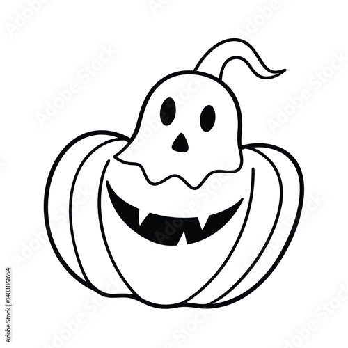 ghost coming out of pumpkin line art on white back.eps