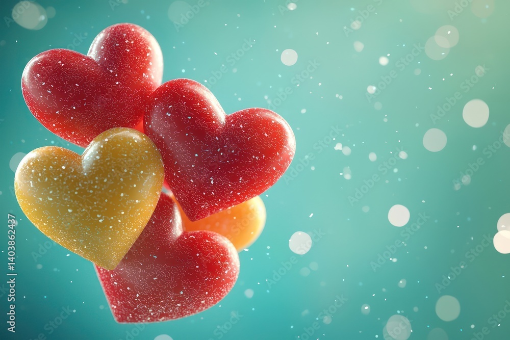 Obraz premium A cluster of 3D hearts in red and yellow hues, appearing weightless with soft shadows, gracefully floating on a bright teal background with subtle gradients.