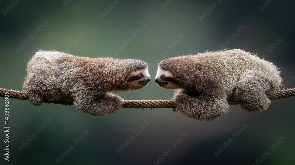 Fototapeta premium Two Adorable Brown Furry Sloths Perched on Rope Face to Face Dark Green Background