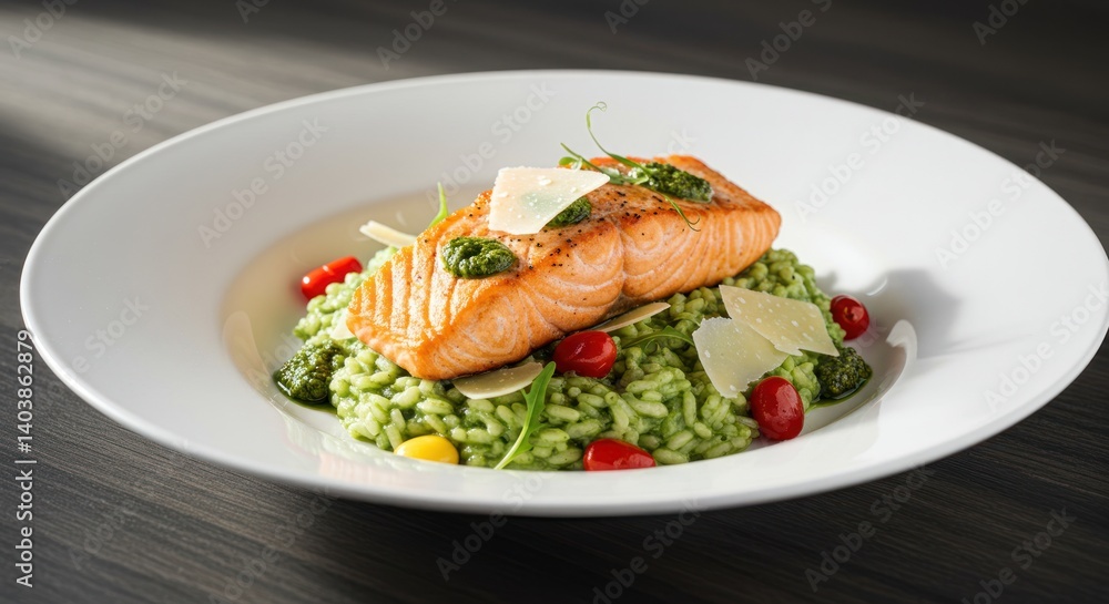 Salmon fillet on pasta with pesto sauce and cherry tomatoes in white bowl. Salmon fillet on pasta with pesto sauce and cherry tomatoes in white bowl.