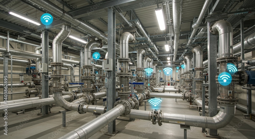 Smart Waterworks: IoT Pipeline System Control - Modern water infrastructure, interconnected pipes, IoT sensors, data-driven efficiency, sustainable resource management Smart Waterworks: IoT Pipeline System Control - Modern water infrastructure, interconnected pipes, IoT sensors, data-driven efficiency, sustainable resource management
