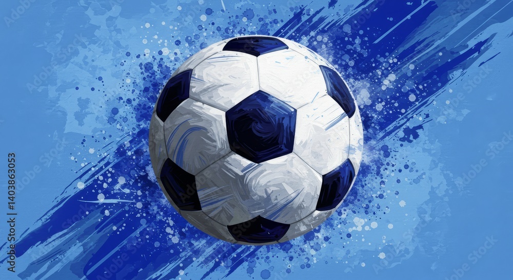 Naklejka premium Soccer Ball on Blue Splash Background - Close-up of a soccer ball against a dynamic blue paint splash backdrop. Perfect for sports, athletic, and competition themes