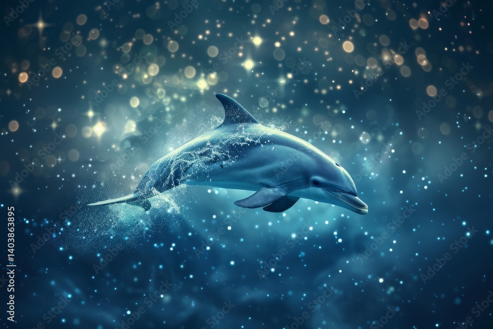 Obraz premium A single dolphin leaps through turquoise water, illuminated by sparkling topaz lights, An ethereal image of a dolphin surrounded by sparkling stars in the night sky