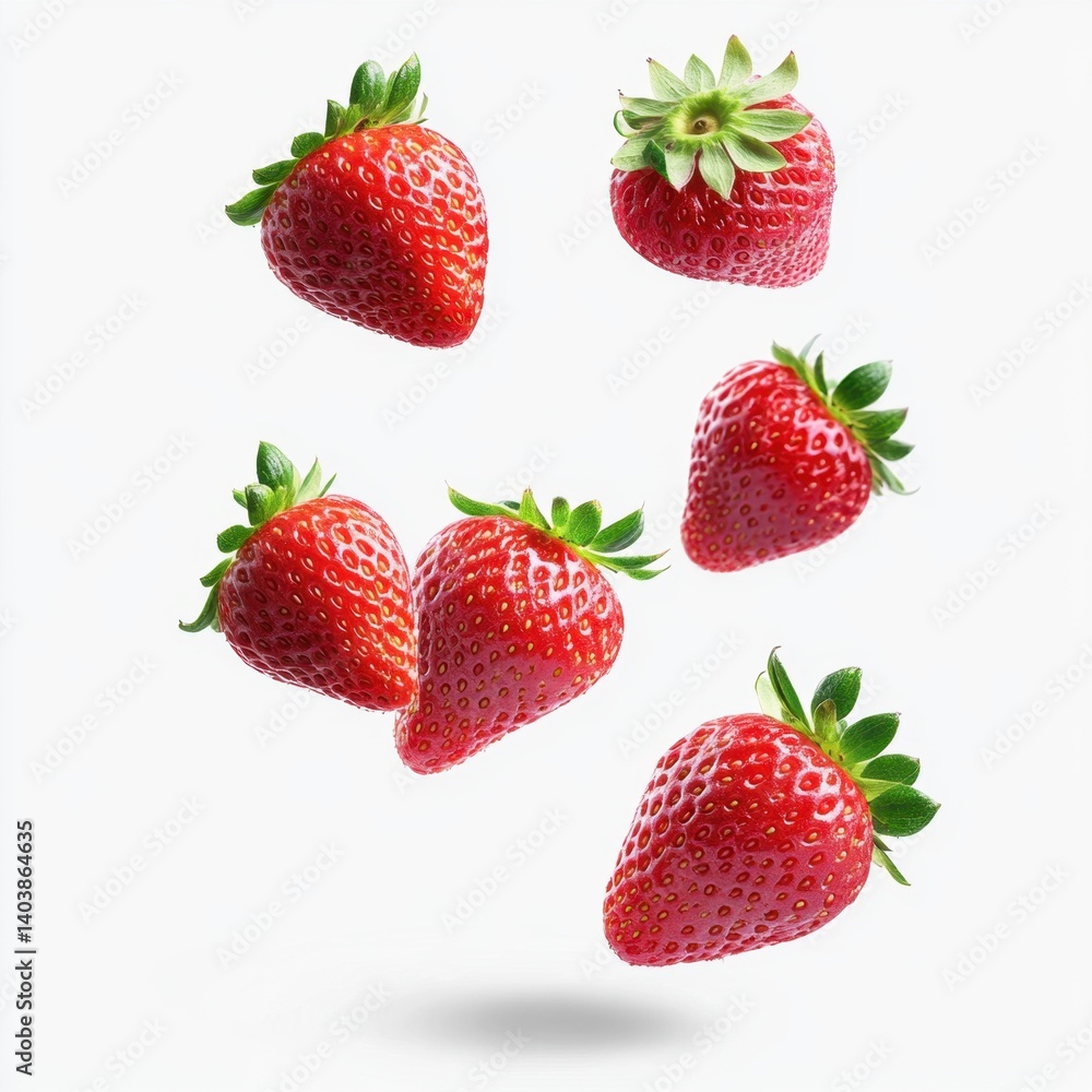 Ripe strawberries suspended in mid air against a bright white background creating a fresh and vibrant summer mood Ripe strawberries suspended in mid air against a bright white background creating a fresh and vibrant summer mood