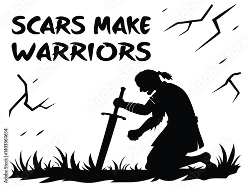 Silhouette of a battle-hardened warrior kneeling with sword stuck in the ground, visible scars on arms and face, background
