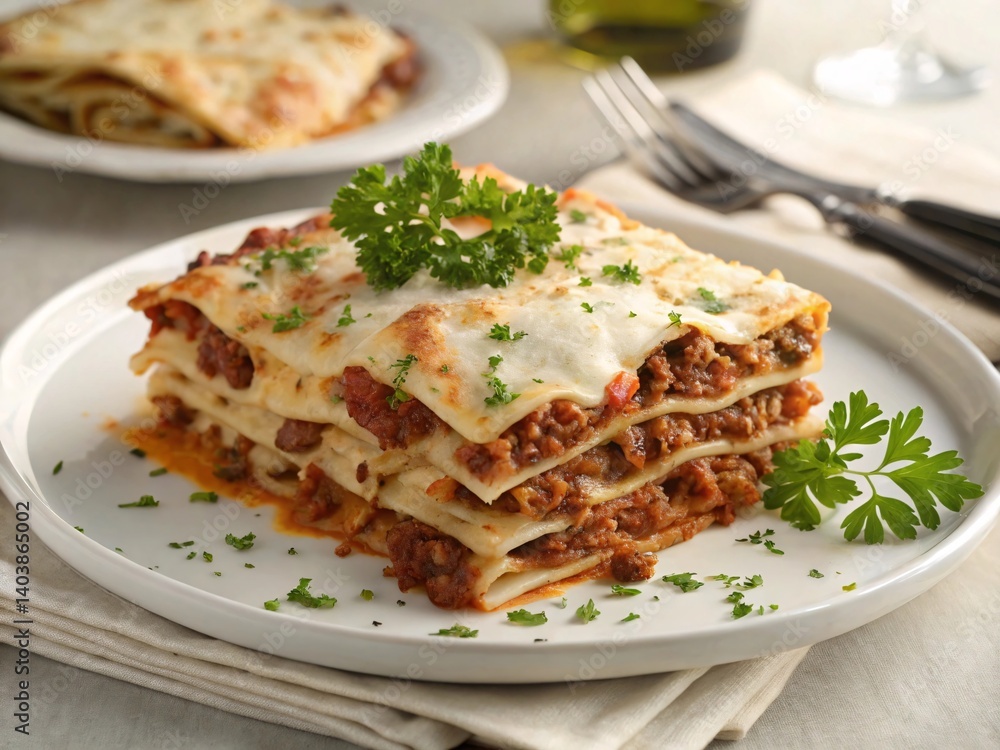 Plated Lasagna with Parsley Garnish and Fork on a White Dish for a Perfectly Comforting Meal Plated Lasagna with Parsley Garnish and Fork on a White Dish for a Perfectly Comforting Meal