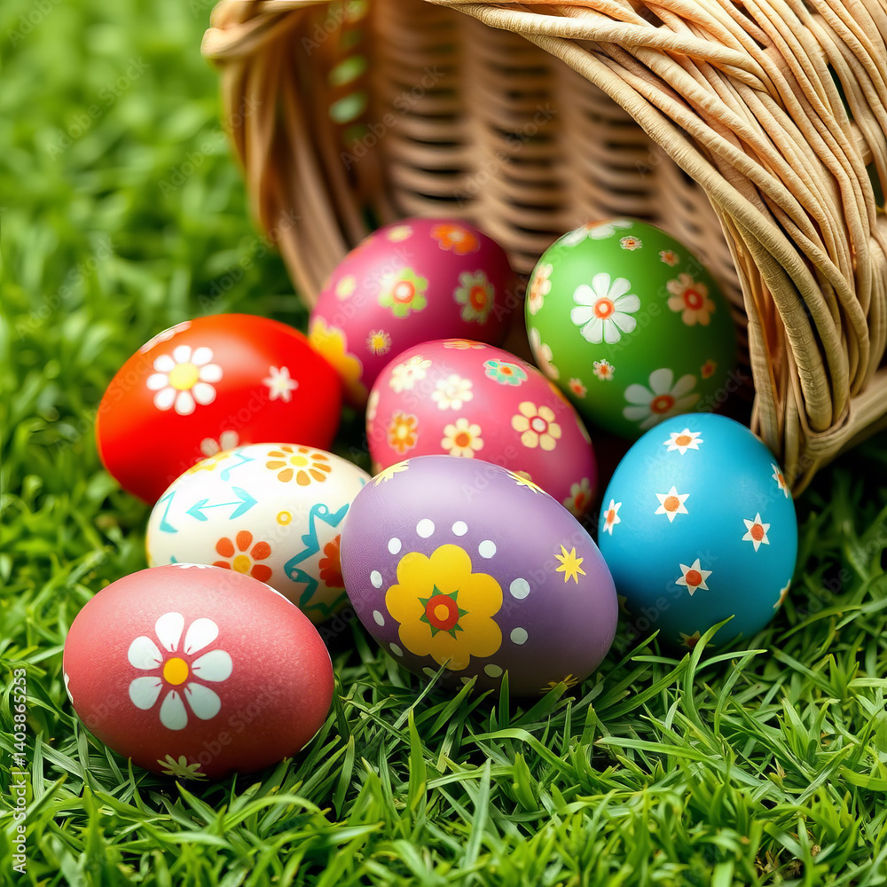 Fototapeta premium Colorful decorated eggs arranged on green grass near a wicker basket with fairy lights during a festive spring celebration