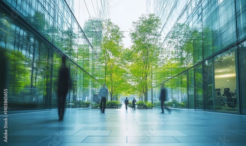 Glass office and working space with blurred people walking fast movement, Eco-friendly featuring sustainable building with green environment and trees, green environment in city, Generative AI