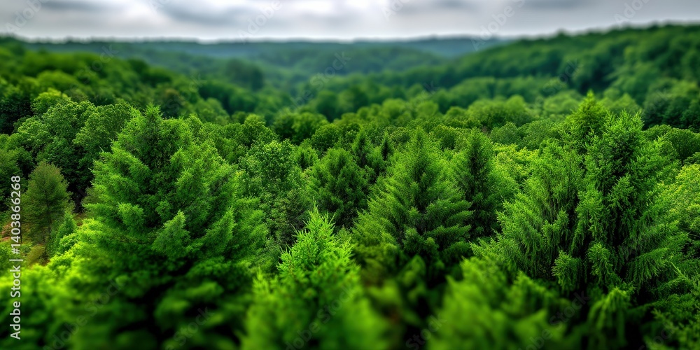 Fototapeta premium Lush green forest landscape under cloudy sky