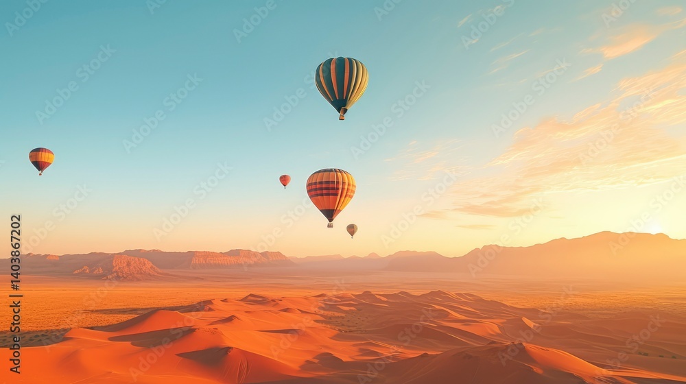 Fototapeta premium Hot Air Balloons Soaring Over the Namib Desert at Sunrise