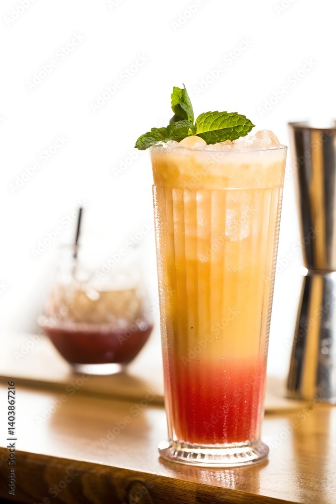 A refreshing layered sunset cocktail, garnished with fresh mint, served in a textured glass on a rustic wooden bar. A refreshing layered sunset cocktail, garnished with fresh mint, served in a textured glass on a rustic wooden bar.
