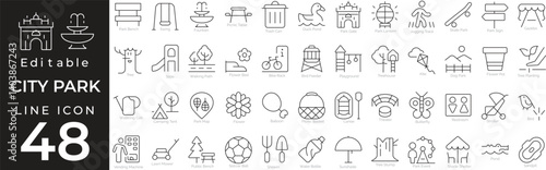 City park and infrastructure icon set in line style. Features symbols for city landscapes, outdoor activities, playgrounds, transportation, and public spaces. Editable stroke.
