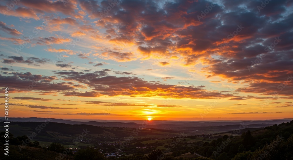 Sunset Landscape Over Rolling Hills - Serene sunset view, fiery colors, tranquil landscape, peaceful atmosphere, nature's beauty Sunset Landscape Over Rolling Hills - Serene sunset view, fiery colors, tranquil landscape, peaceful atmosphere, nature's beauty