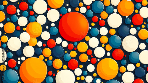 Colorful abstract background with red, yellow, blue and white 3d circles on dark surface