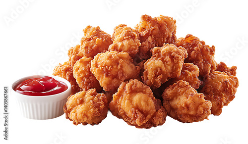 Fried chicken bites with dipping sauce on a white background