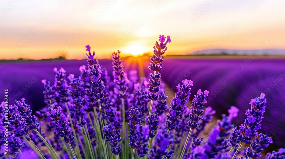 Obraz premium A field of purple lavender flowers during a sunset
