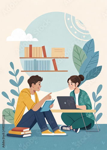 Minimal poster design showing students in a collaborative learning setup, symbolizing peer mentoring. Clean center space, soft colors, and educational icons for adding custom text or titles.
