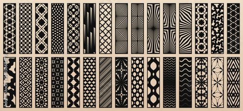 Big vector set of 30 templates for laser cut. Elegant modern designs with abstract geometric patterns, oriental floral ornaments. Stencils for CNC cutting of wood, paper, metal. Aspect ratio 1:4
