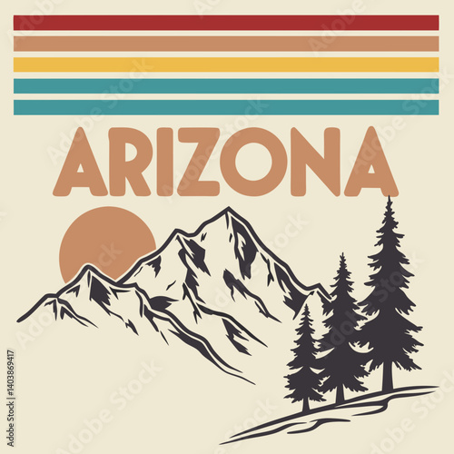 Arizona Mountain Landscape Retro Travel Art Pine Trees Sunset Stripes