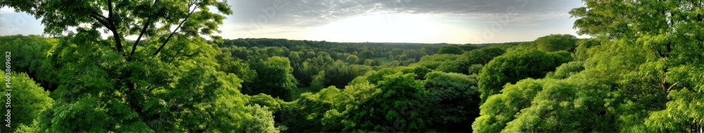 Fototapeta premium Lush green forest stretches under a cloudy sky