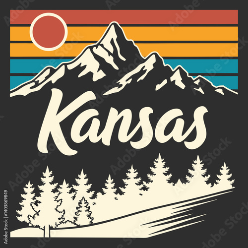 Vintage Retro Kansas Mountain Pine Trees Sunset Travel Graphic Poster