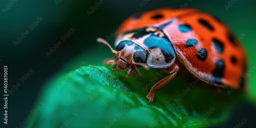 Naklejka premium Colorful ladybug resting on green leaf in nature