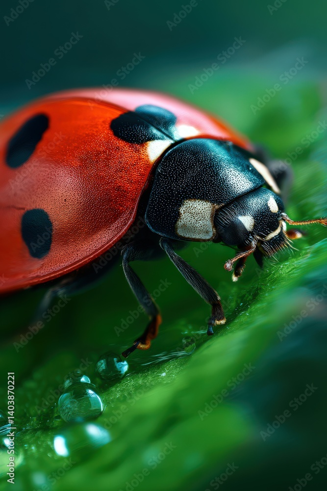 Fototapeta premium Vibrant ladybug exploring a dewy green leaf