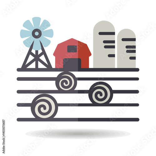 Farm landscape with barn, haystack and granary