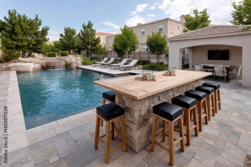 Fototapeta premium Elegant outdoor pool area featuring modern bar seating and a serene waterfall in a residential garden during sunny afternoon