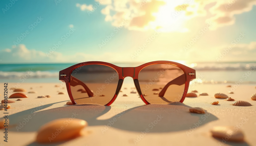Sunglasses on the beach with sea background. Sun protection.