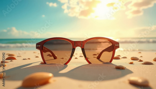Obraz na płótnie Sunglasses on the beach with sea background. Sun protection. w salonie