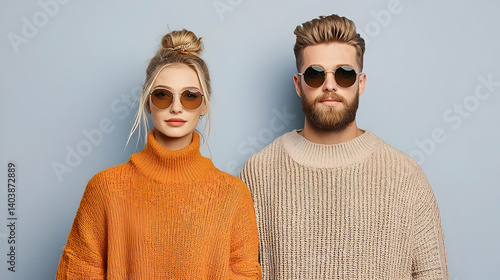 Portrait Of Young Couple In Sunglasses And Trendy Fashion Posing Against Blue Backdrop