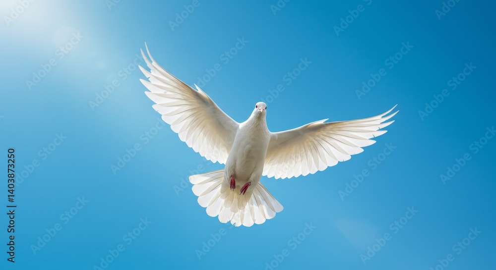 Obraz premium White Dove in Flight - A white dove soars gracefully against a clear blue sky, symbolizing peace and hope. The sun shines brightly in the background