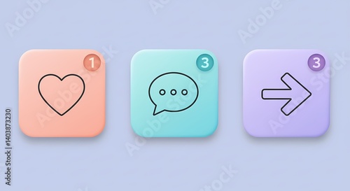 UI Icons: Love, Chat, Next - Pastel Design