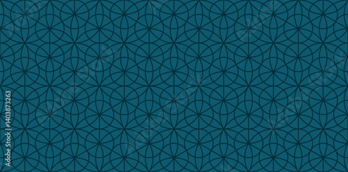 Subtle geometric seamless pattern with floral silhouettes, curved lines, hexagons, triangles, circles, lattice, grid. Abstract linear dark teal blue luxury vector background. Design in oriental style