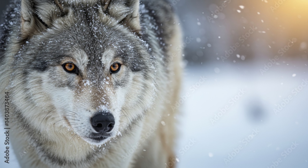 Obraz premium Winter Wolf: Predatory Gaze at Dawn - A majestic grey wolf, eyes gleaming, stands in a snowy winter landscape. Symbolizing wildness, strength, resilience, mystery, and survival
