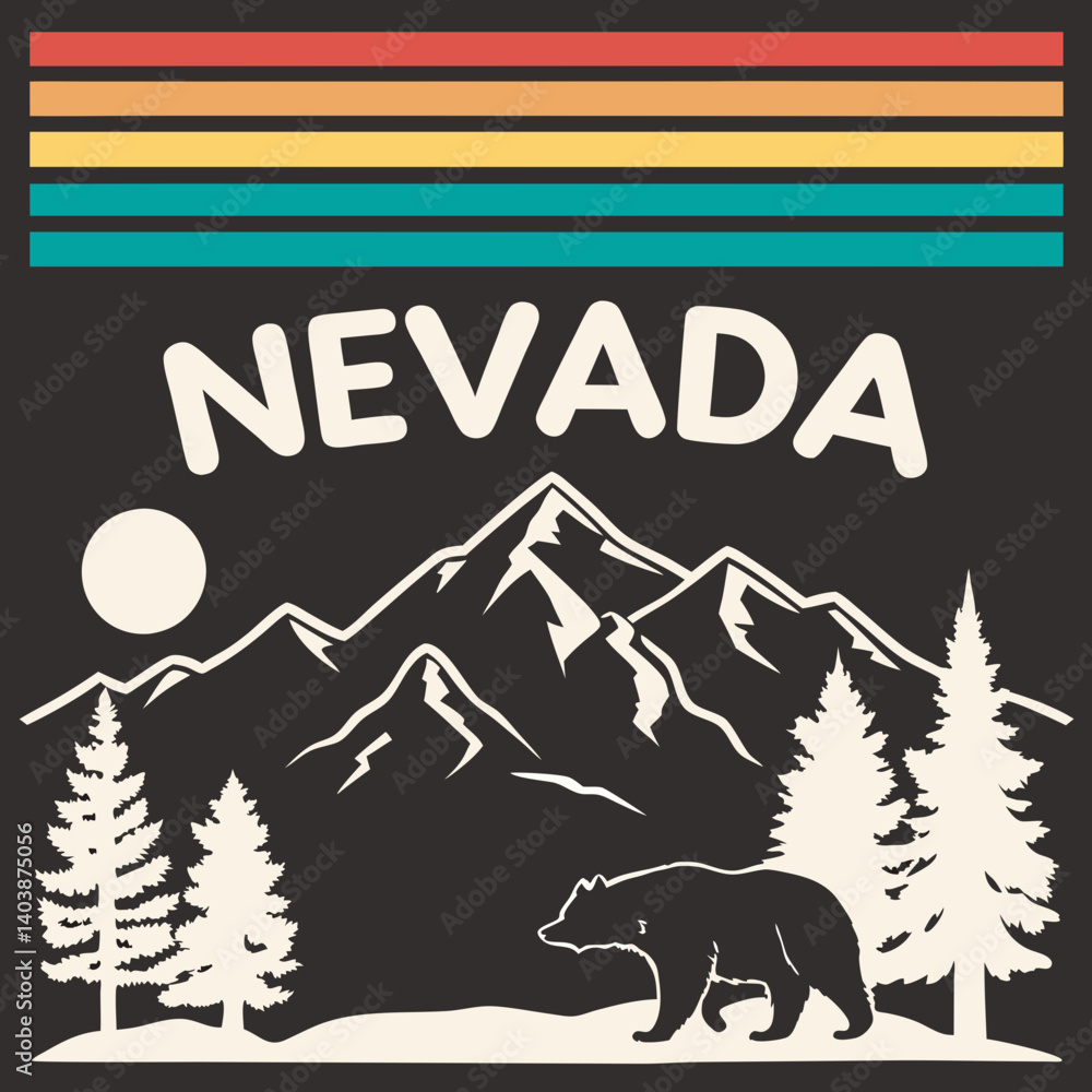 Retro Colorful Striped Nevada Mountain Bear Pine Trees Landscape Graphic Art Retro Colorful Striped Nevada Mountain Bear Pine Trees Landscape Graphic Art