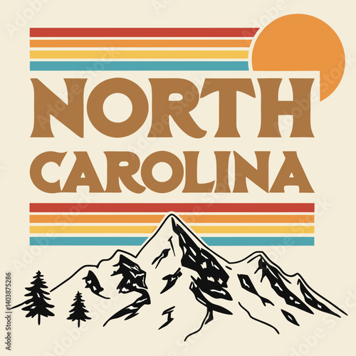 Retro North Carolina Mountain Sun Stripes Graphic Beige Pine Trees Design