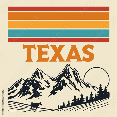 Retro Texas Mountain Scene Vintage Graphic Art Cow Sun Illustration