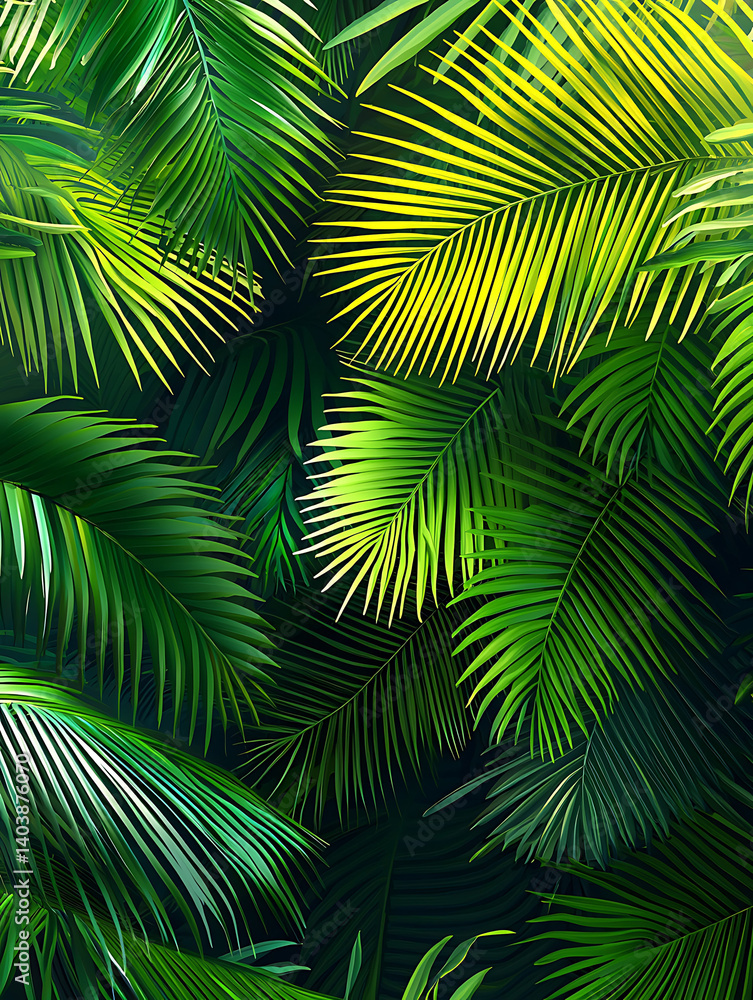 Fototapeta premium Lush vibrant green palm leaves create a dense tropical canopy with dappled light filtering through the foliage.