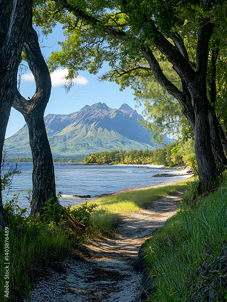 Fototapeta premium Path to a tranquil bay framed by trees with a striking mountain rising in the distance under a bright sky.