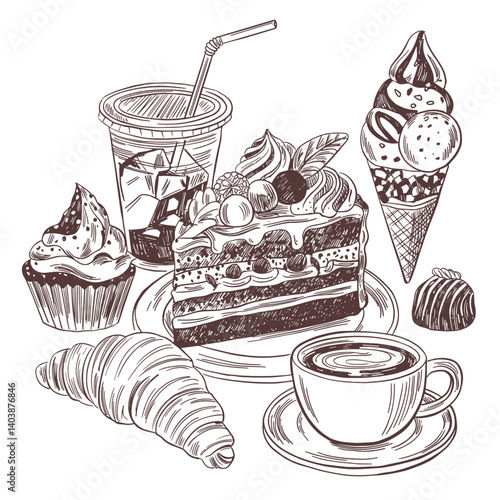 Cup tea, cake, donut, cola, ice cream cone, chocolate candy, coffee sketch. Dessert, sweet food set retro illustration