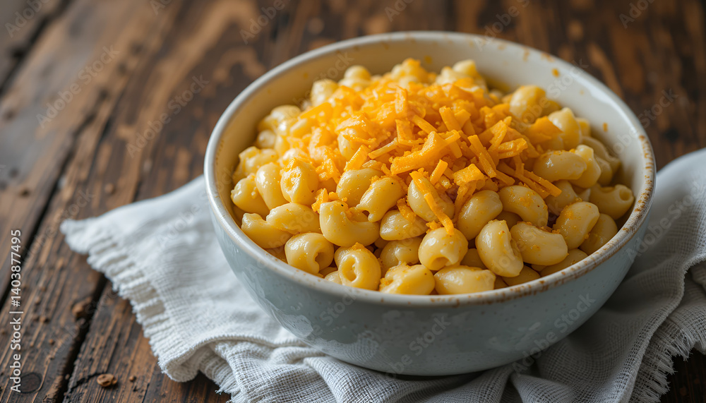 Bowl of mac and cheese on a wooden table, cozy vibe Bowl of mac and cheese on a wooden table, cozy vibe