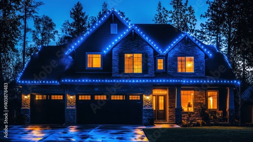 Illuminated Residence: A Nighttime View of a Two-Story House Adorned with Blue Christmas Lights