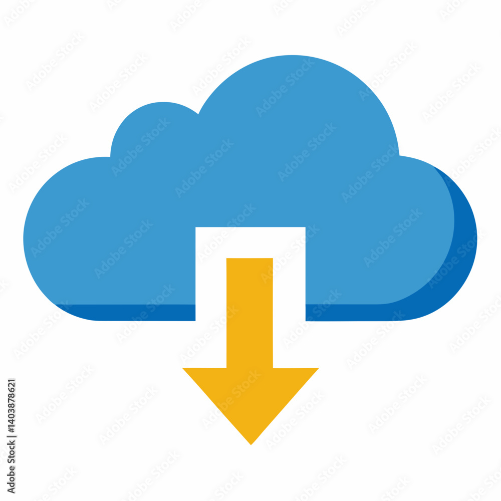 Cloud Download Icon: A stylized, flat design icon depicting a blue cloud with a downward pointing yellow arrow representing the concept of cloud downloading. Cloud Download Icon: A stylized, flat design icon depicting a blue cloud with a downward pointing yellow arrow representing the concept of cloud downloading.