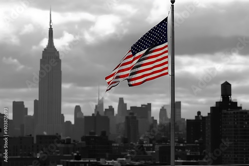 new york skyline wih american banner flag 
