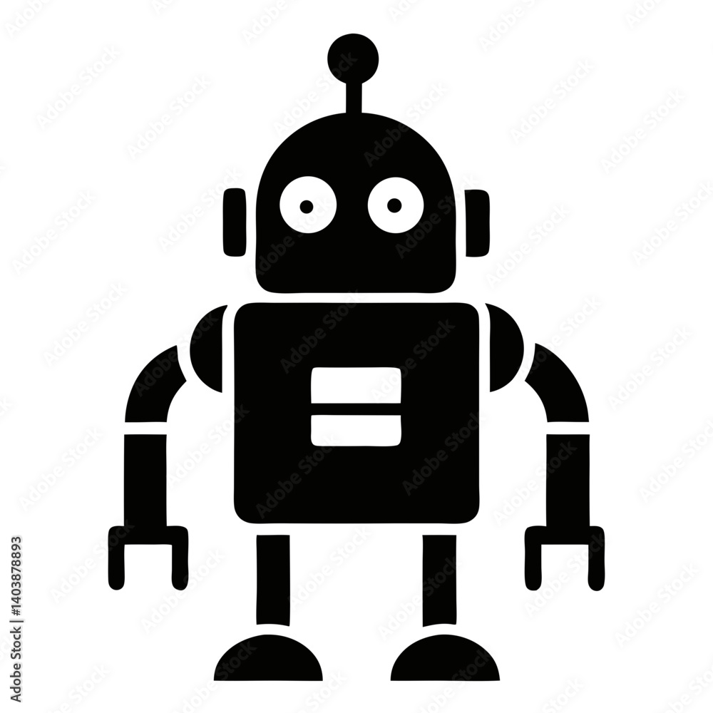 Naklejka premium Simple Robot Silhouette: A minimalist depiction of a classic robot design, embodying technological simplicity and modern design, with a bold outline and stark contrast.