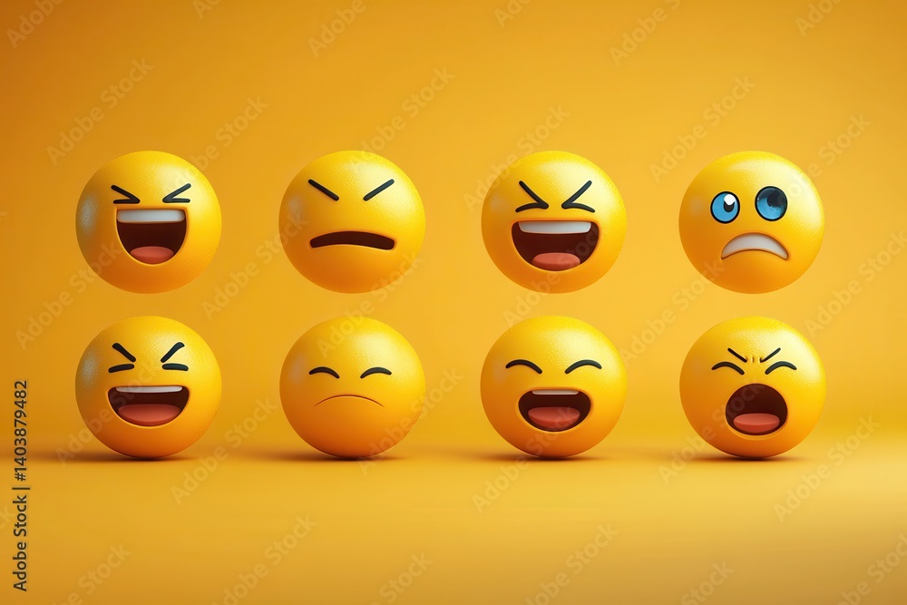 Fototapeta premium Diverse expressions captured in playful emojis showcasing a range of human emotions on a vibrant yellow backdrop
